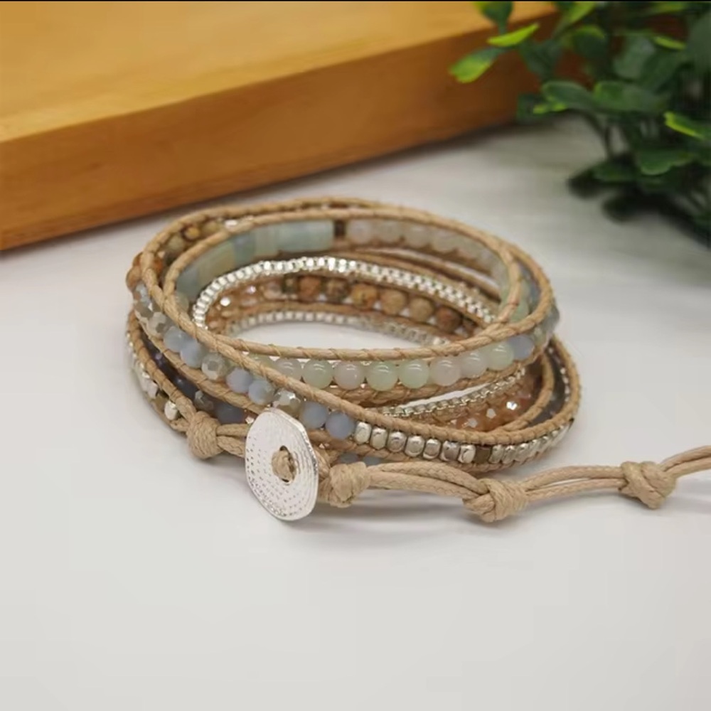 NWOT Handmade Natural Amazonite and Jasper Stone Wrap Boho Bracelet - Picture 3 of 4